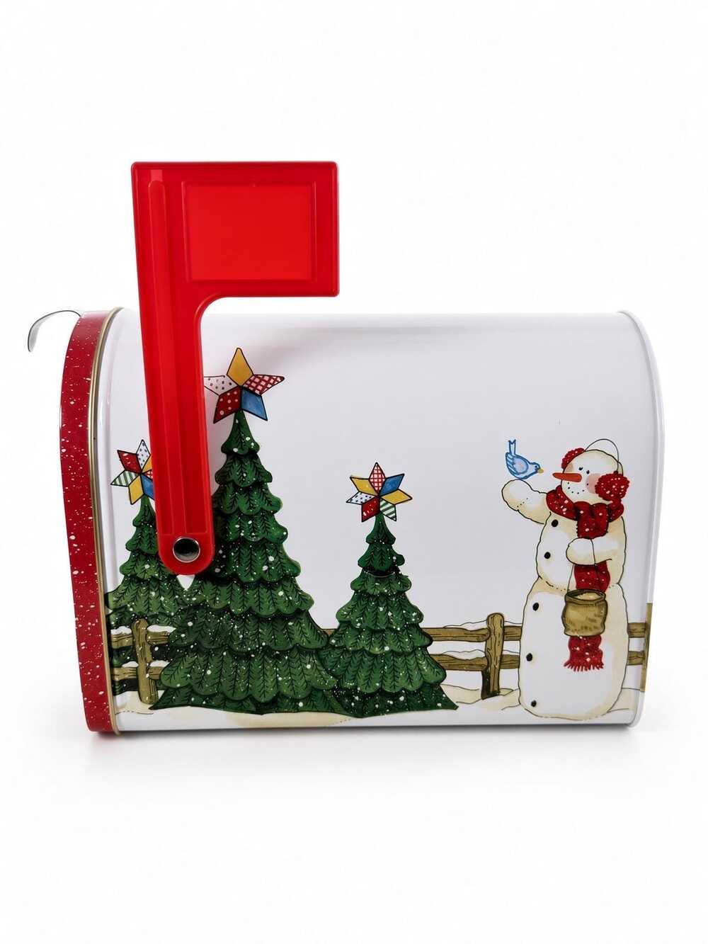 Vintage Snowman Family Mailbox Tin, 2001 Sandi Gore Evans Christmas Canister